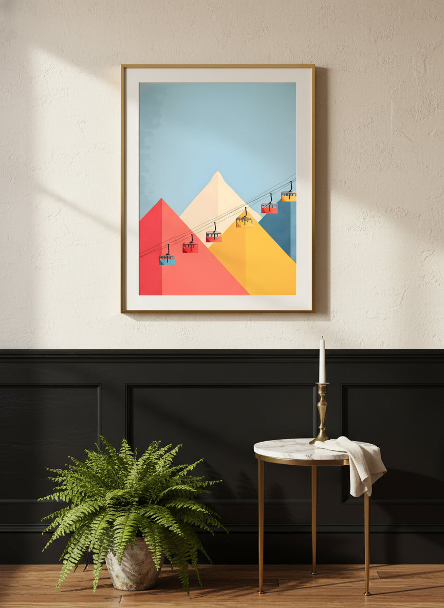 Minimalist Ski Gondola Mountain Art art print shown in a black wainscoting gold setting