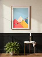 Minimalist Ski Gondola Mountain Art art print shown in a black wainscoting gold setting