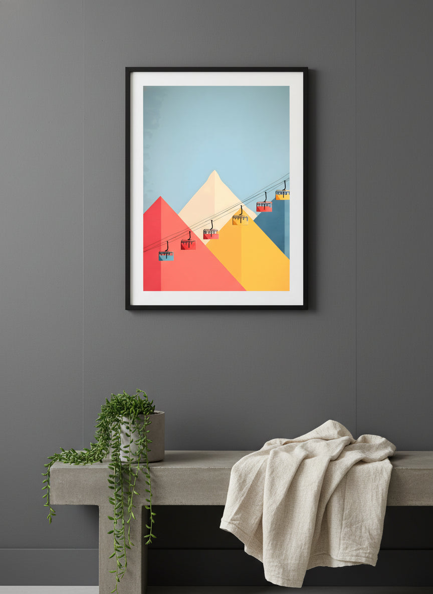 Minimalist Ski Gondola Mountain Art art print shown in a charcoal minimal black setting