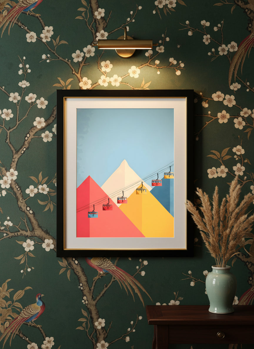 Minimalist Ski Gondola Mountain Art art print shown in a chinoiserie moody setting