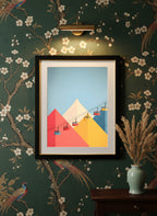 Minimalist Ski Gondola Mountain Art art print shown in a chinoiserie moody setting