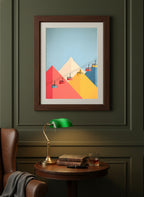 Minimalist Ski Gondola Mountain Art art print shown in a dark olive study setting