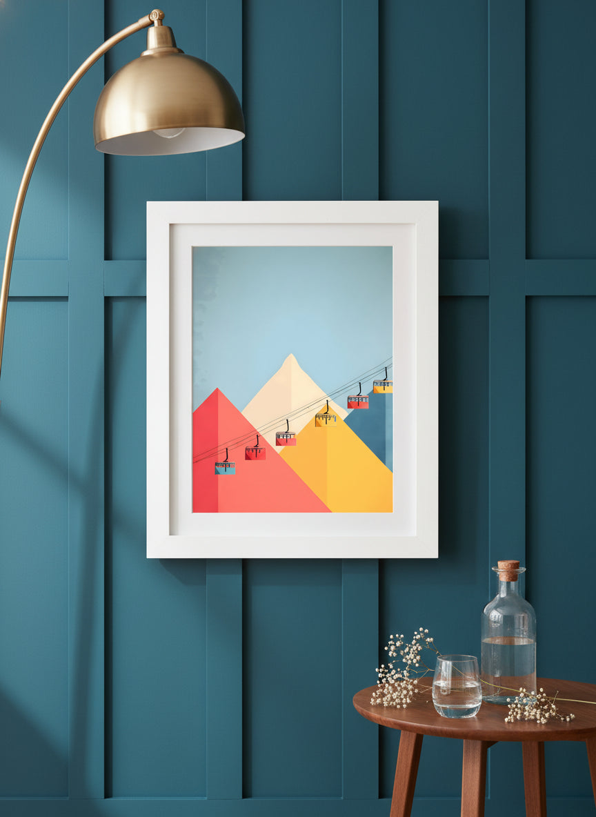 Minimalist Ski Gondola Mountain Art art print shown in a deep teal modern setting