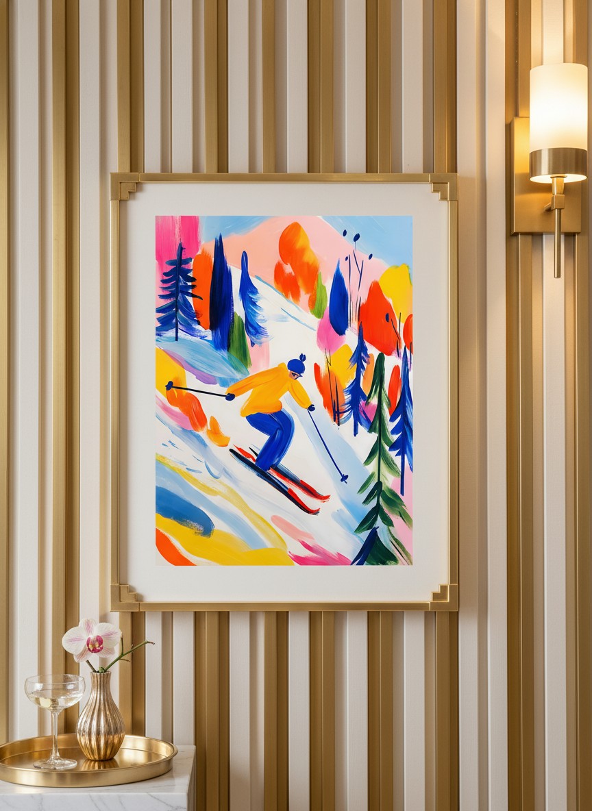 Colorful Abstract Skier Art art print shown in a art deco geometric setting
