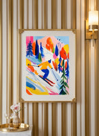 Colorful Abstract Skier Art art print shown in a art deco geometric setting