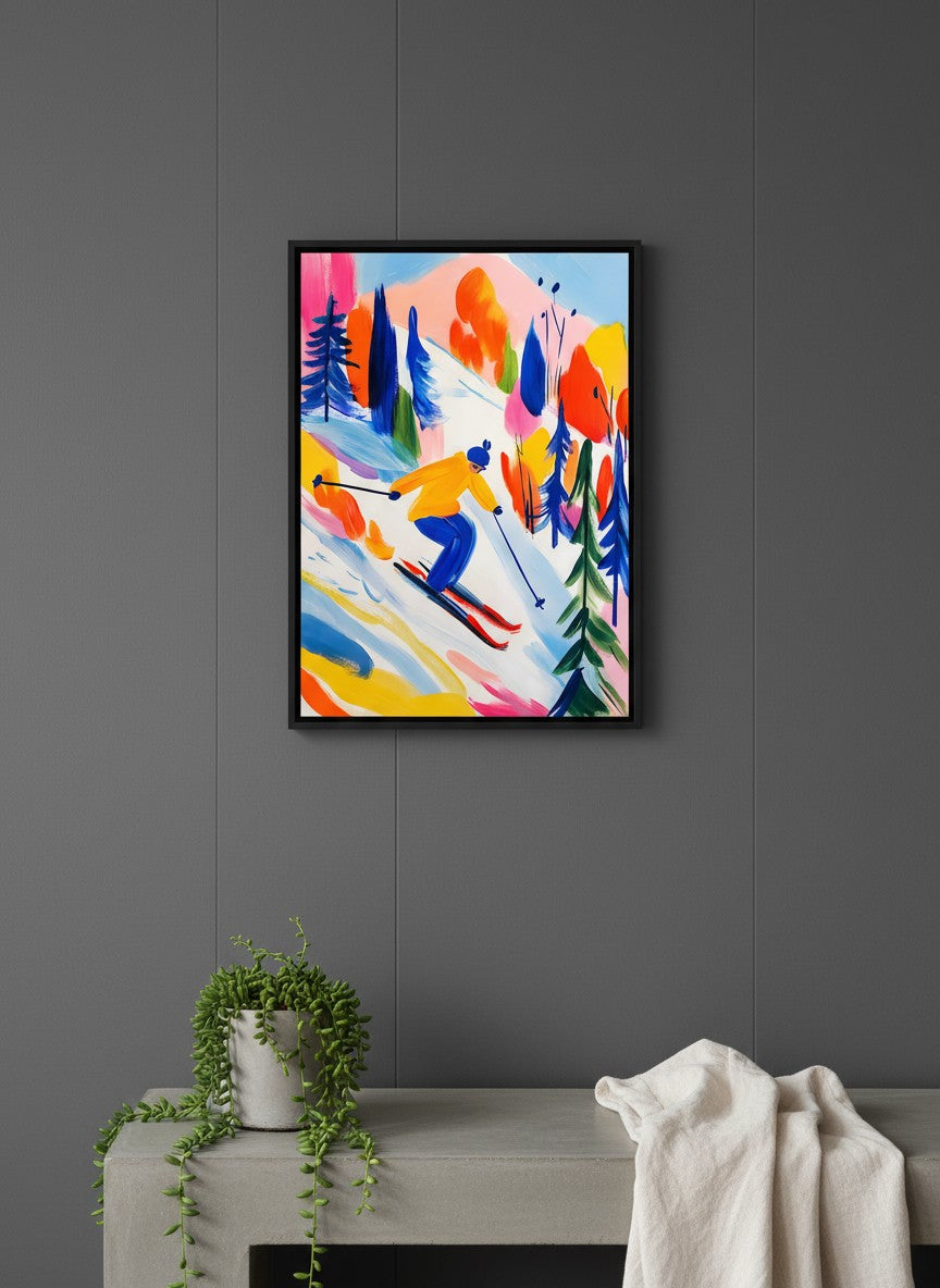 Colorful Abstract Skier Art art print shown in a charcoal minimal black setting
