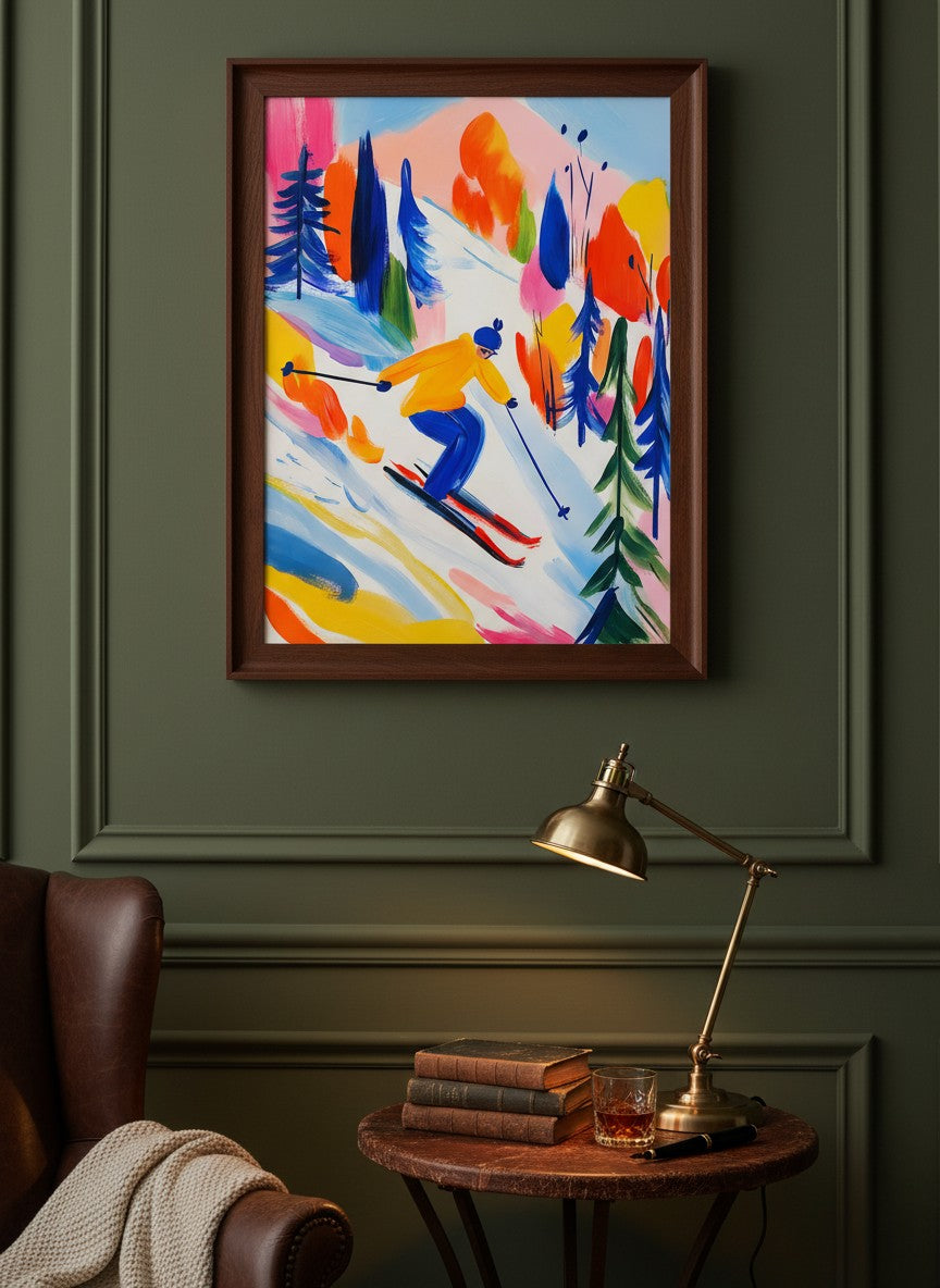 Colorful Abstract Skier Art art print shown in a dark olive study setting