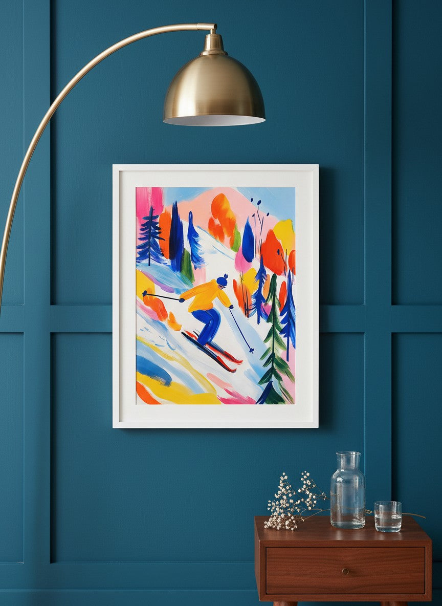 Colorful Abstract Skier Art art print shown in a deep teal modern setting