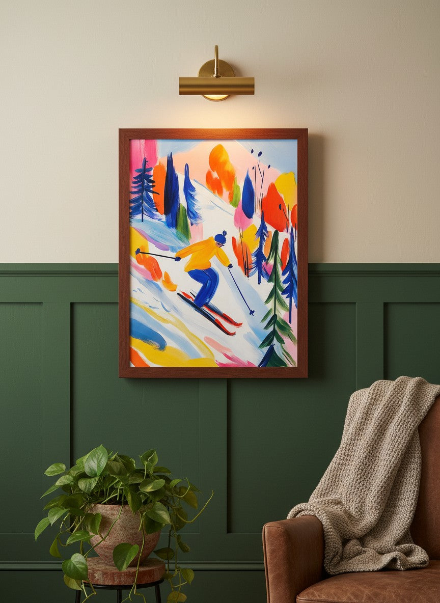 Colorful Abstract Skier Art art print shown in a forest green walnut setting