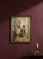 Yellow Bathroom Wabi Sabi Art art print shown in a burgundy brass setting