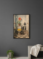 Yellow Bathroom Wabi Sabi Art art print shown in a charcoal minimal black setting