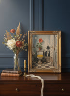 Yellow Bathroom Wabi Sabi Art art print shown in a dresser dried florals setting