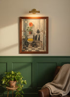 Yellow Bathroom Wabi Sabi Art art print shown in a forest green walnut setting