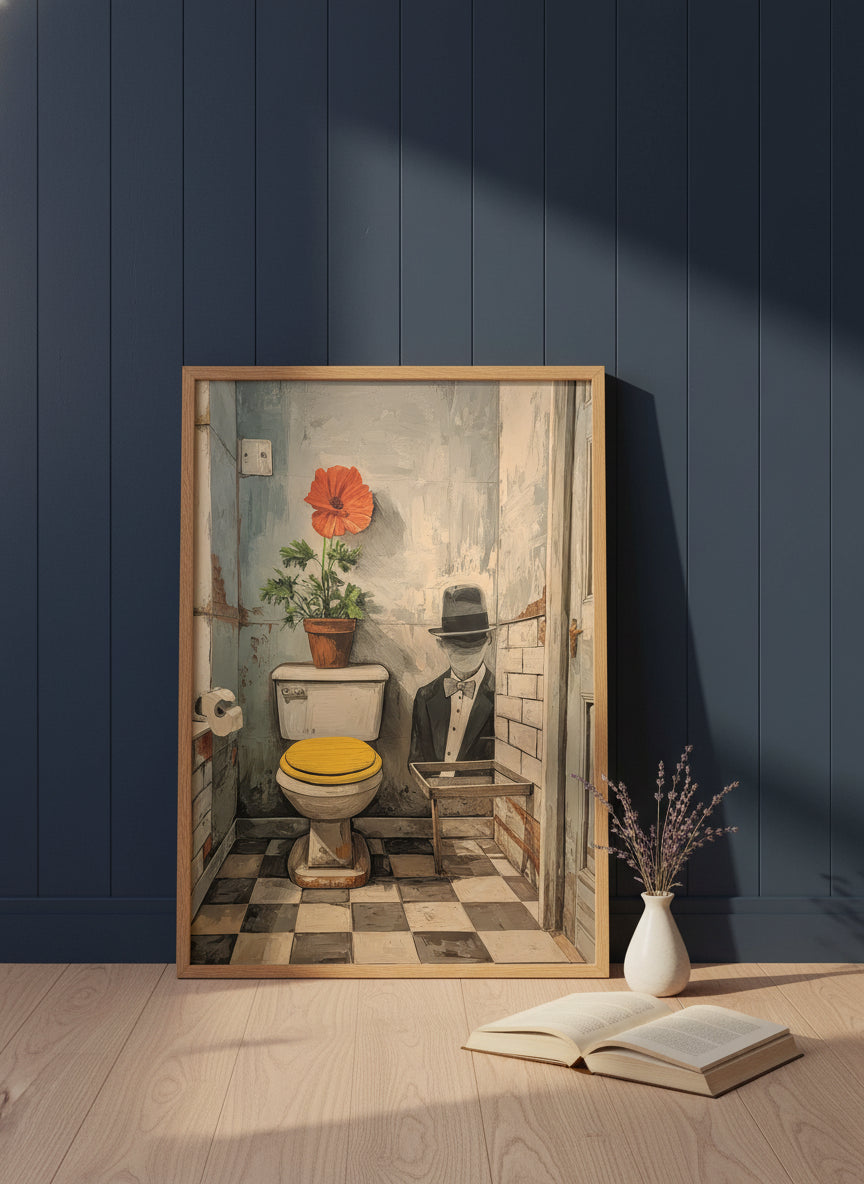 Yellow Bathroom Wabi Sabi Art art print shown in a navy paneled oak setting