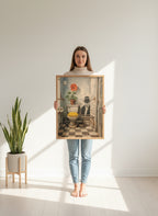 Yellow Bathroom Wabi Sabi Art art print shown in a person holding bright setting