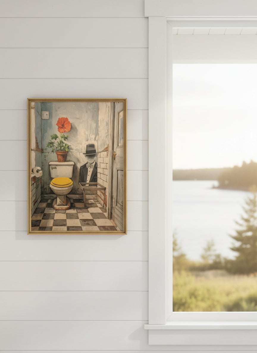 Yellow Bathroom Wabi Sabi Art art print shown in a shiplap blurred view setting