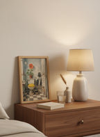 Yellow Bathroom Wabi Sabi Art art print shown in a small bedside oak setting