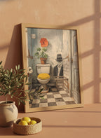 Yellow Bathroom Wabi Sabi Art art print shown in a terracotta rustic setting