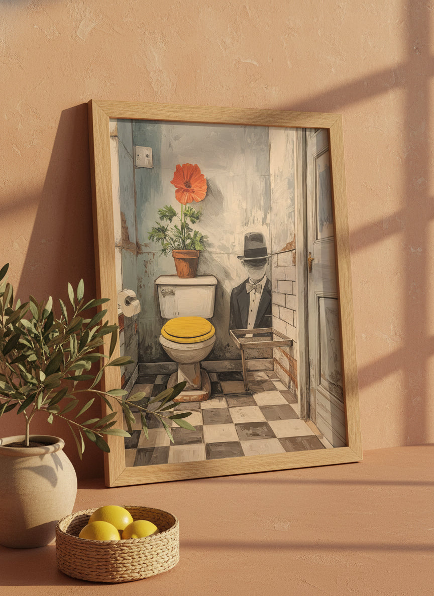 Yellow Bathroom Wabi Sabi Art art print shown in a terracotta rustic setting