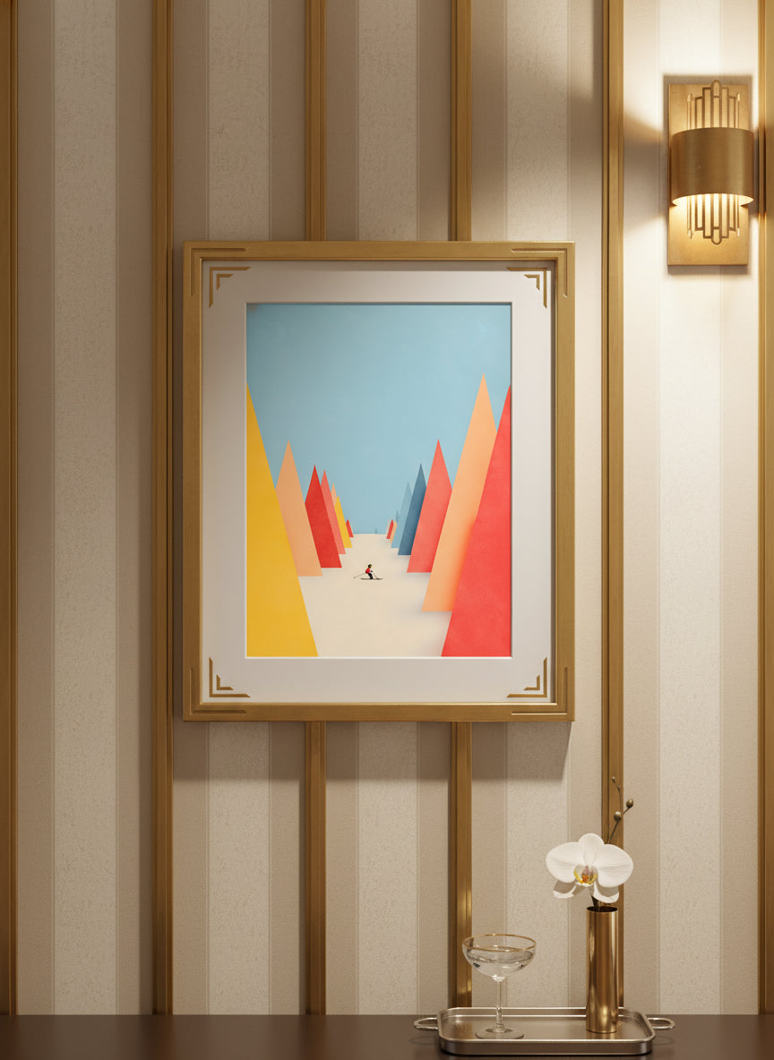 Minimalist Skiing Mountain Art art print shown in a art deco geometric setting