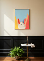 Minimalist Skiing Mountain Art art print shown in a black wainscoting gold setting