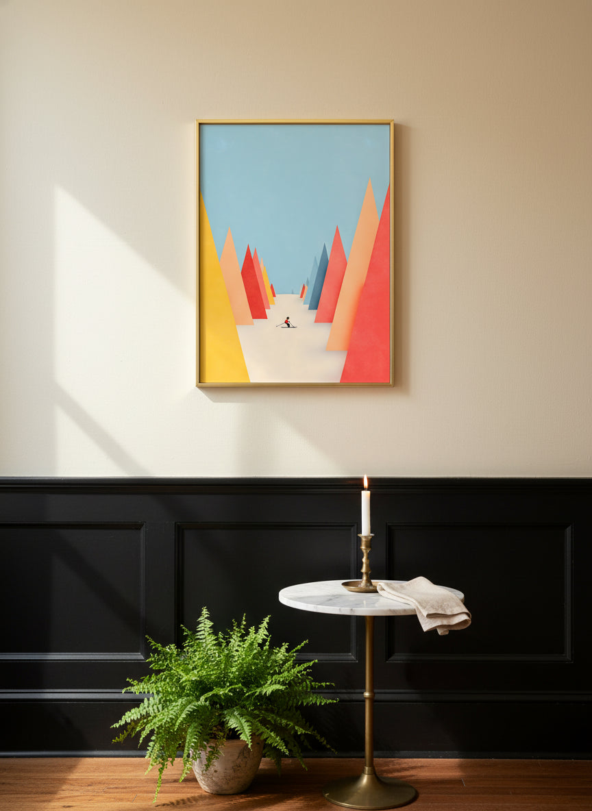Minimalist Skiing Mountain Art art print shown in a black wainscoting gold setting