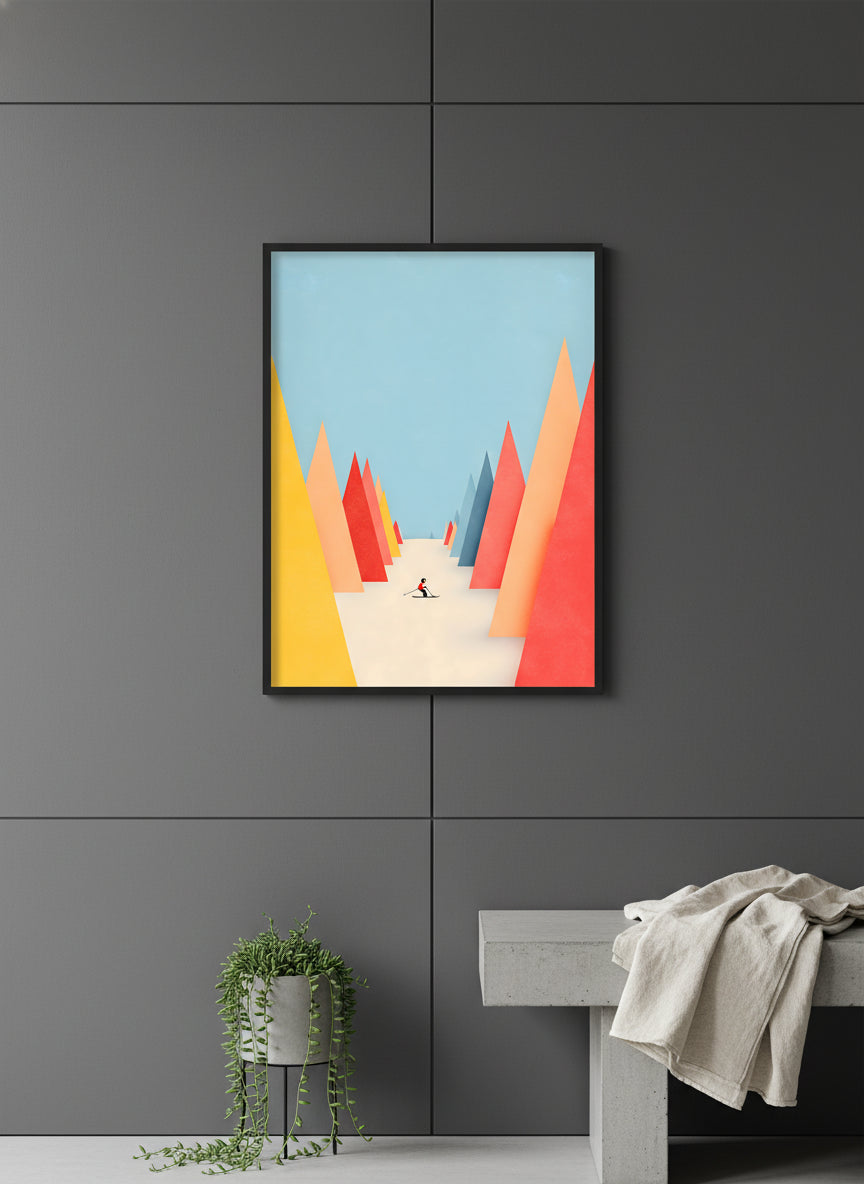 Minimalist Skiing Mountain Art art print shown in a charcoal minimal black setting