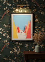 Minimalist Skiing Mountain Art art print shown in a chinoiserie moody setting