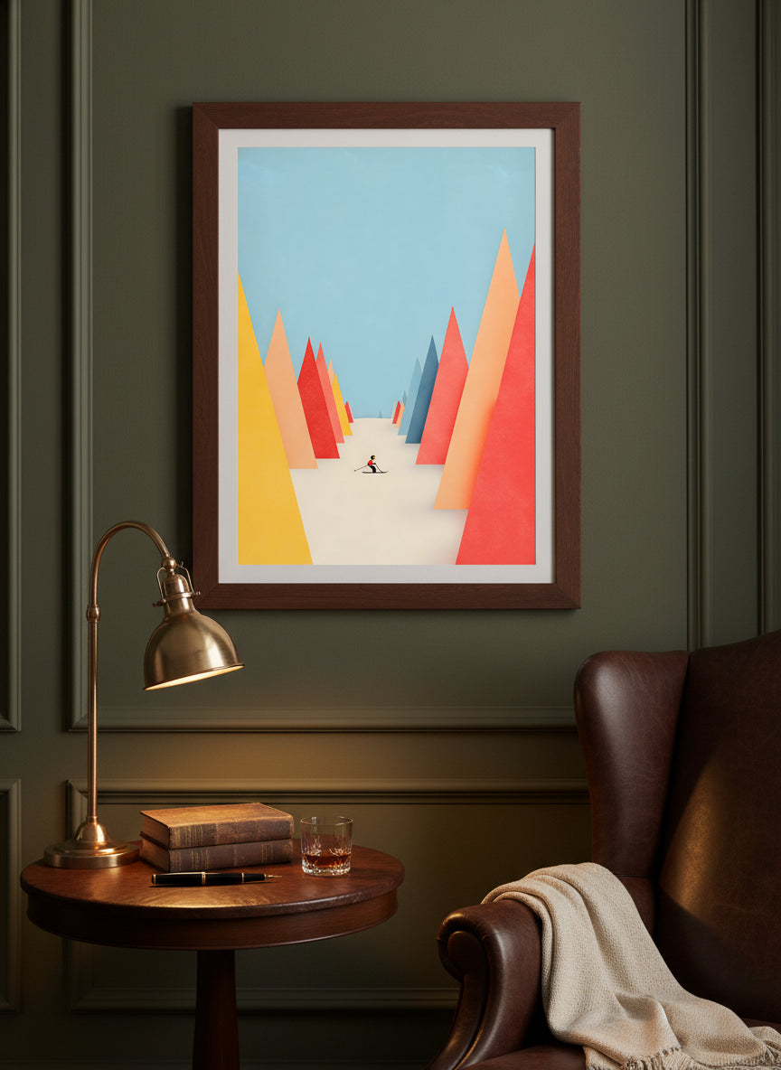 Minimalist Skiing Mountain Art art print shown in a dark olive study setting