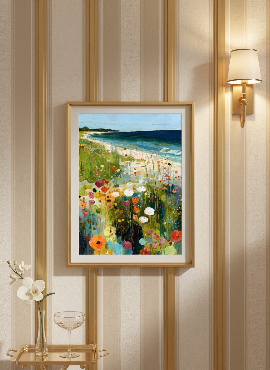 Coastal Wildflower Meadow Art art print shown in a art deco geometric setting