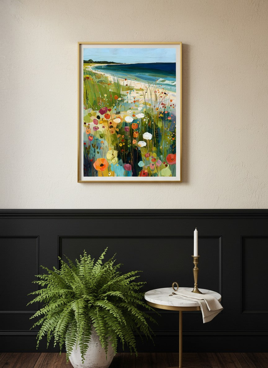 Coastal Wildflower Meadow Art art print shown in a black wainscoting gold setting
