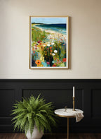 Coastal Wildflower Meadow Art art print shown in a black wainscoting gold setting