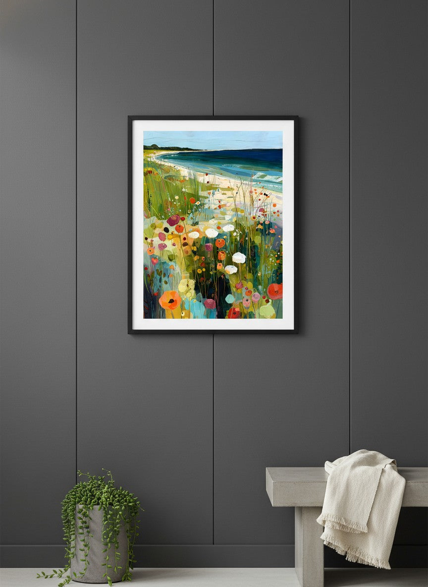 Coastal Wildflower Meadow Art art print shown in a charcoal minimal black setting
