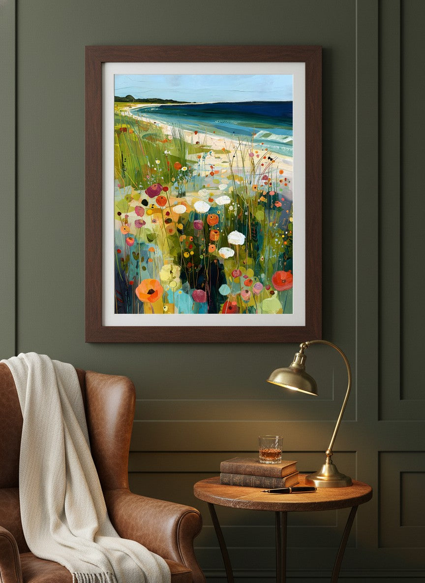 Coastal Wildflower Meadow Art art print shown in a dark olive study setting