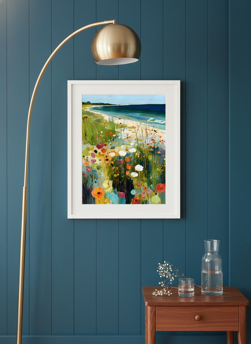 Coastal Wildflower Meadow Art art print shown in a deep teal modern setting