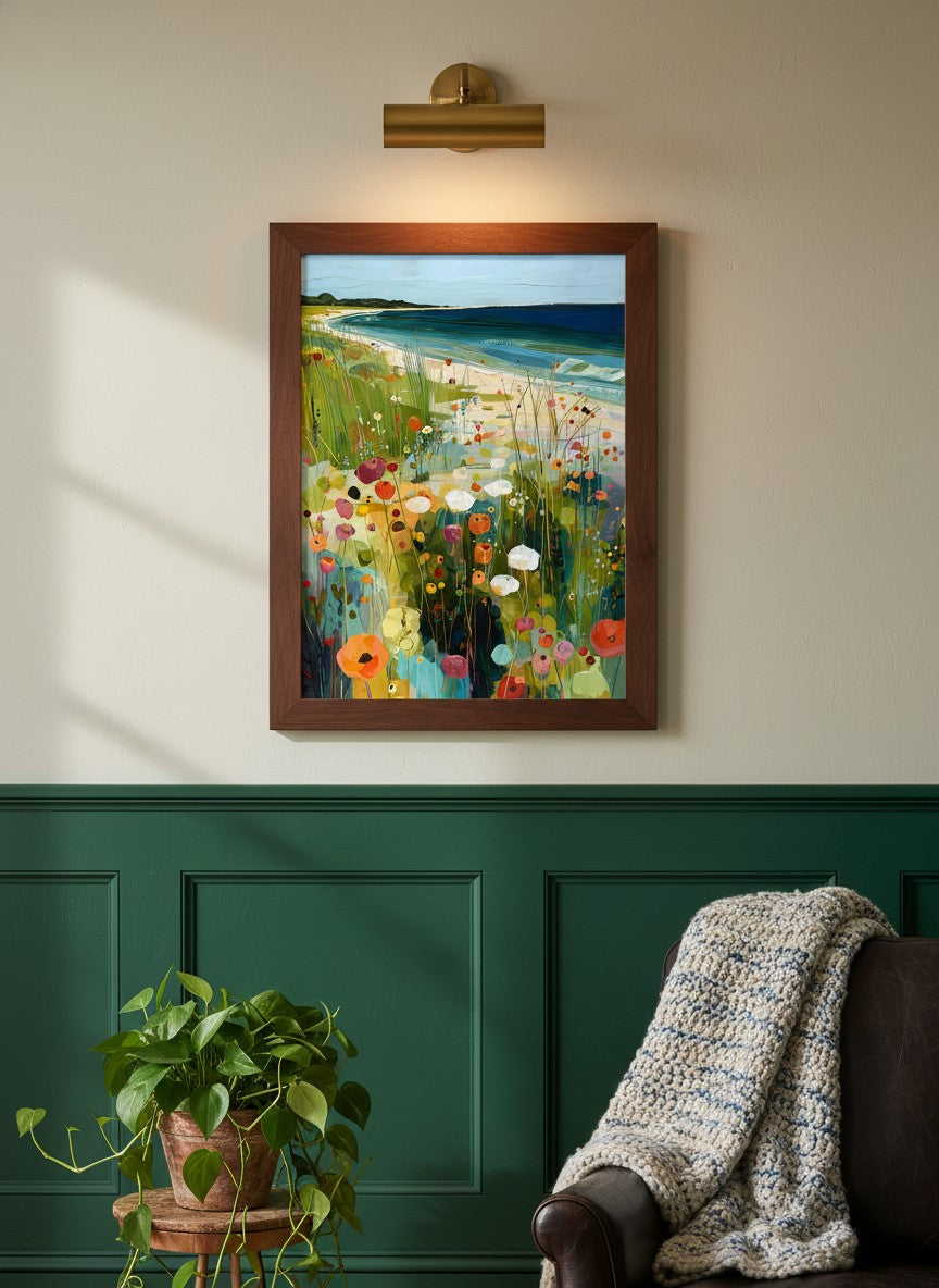 Coastal Wildflower Meadow Art art print shown in a forest green walnut setting