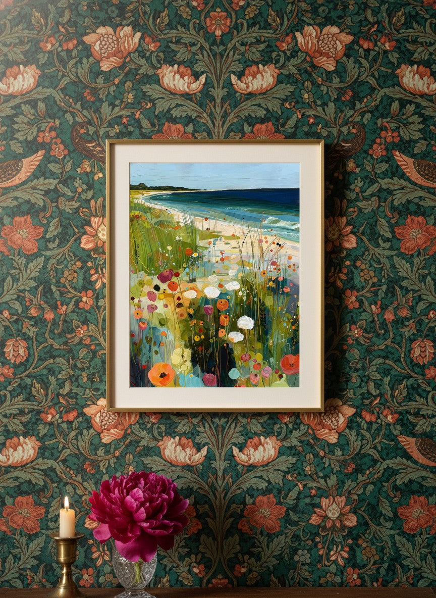 Coastal Wildflower Meadow Art art print shown in a maximalist floral brass setting