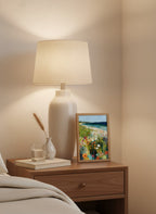 Coastal Wildflower Meadow Art art print shown in a small bedside oak setting