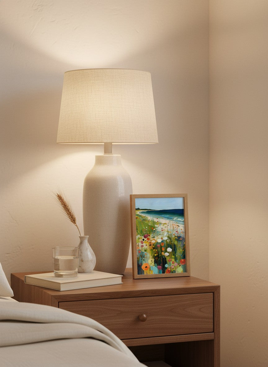 Coastal Wildflower Meadow Art art print shown in a small bedside oak setting