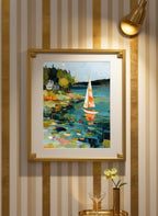 Abstract Sailboat Coastal Painting art print shown in a art deco geometric setting
