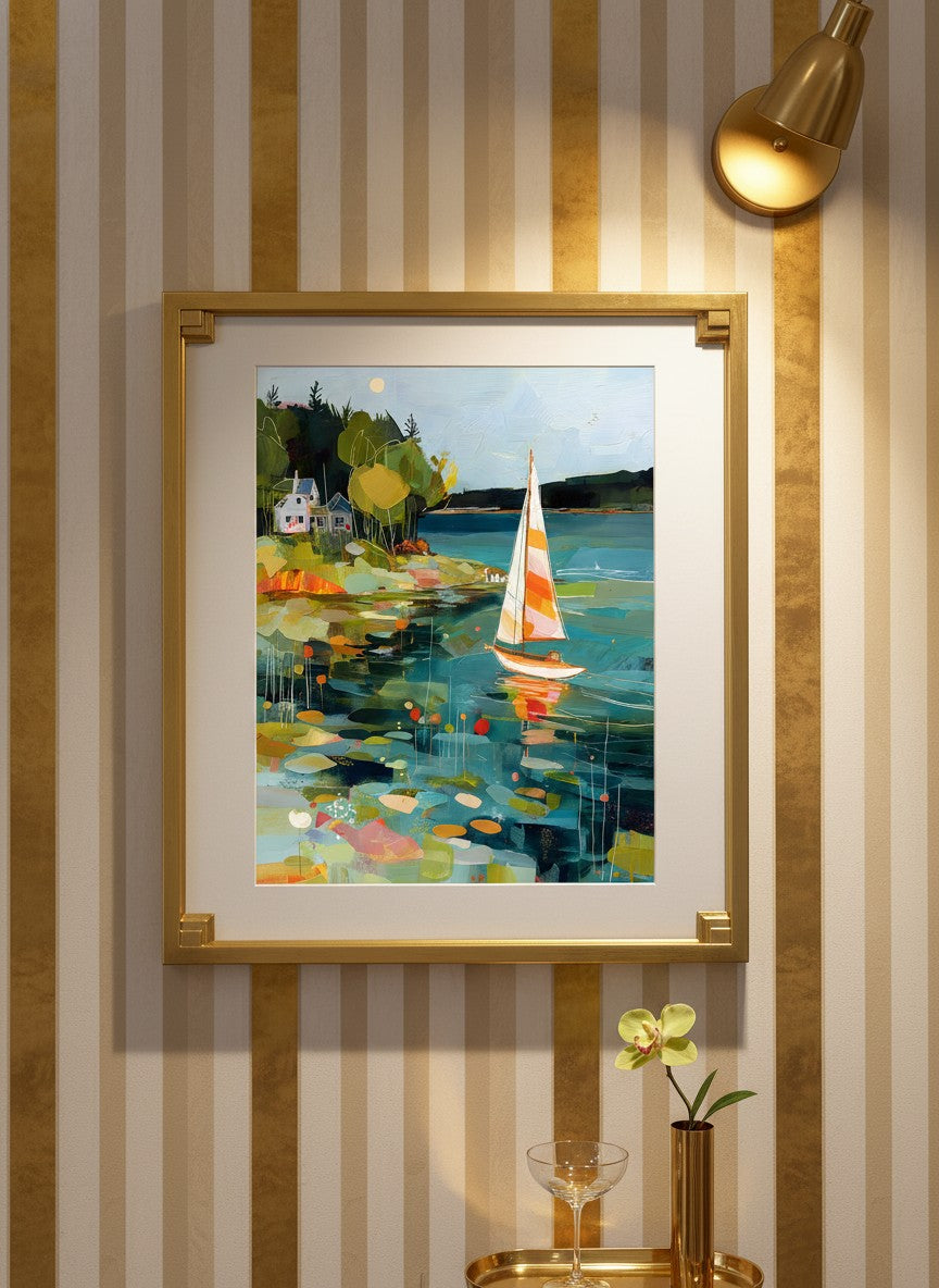 Abstract Sailboat Coastal Painting art print shown in a art deco geometric setting