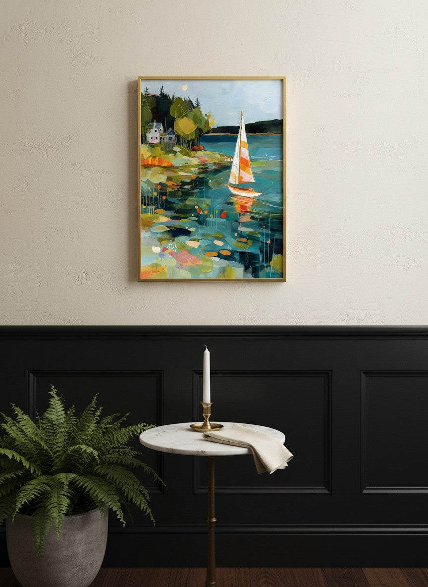 Abstract Sailboat Coastal Painting art print shown in a black wainscoting gold setting