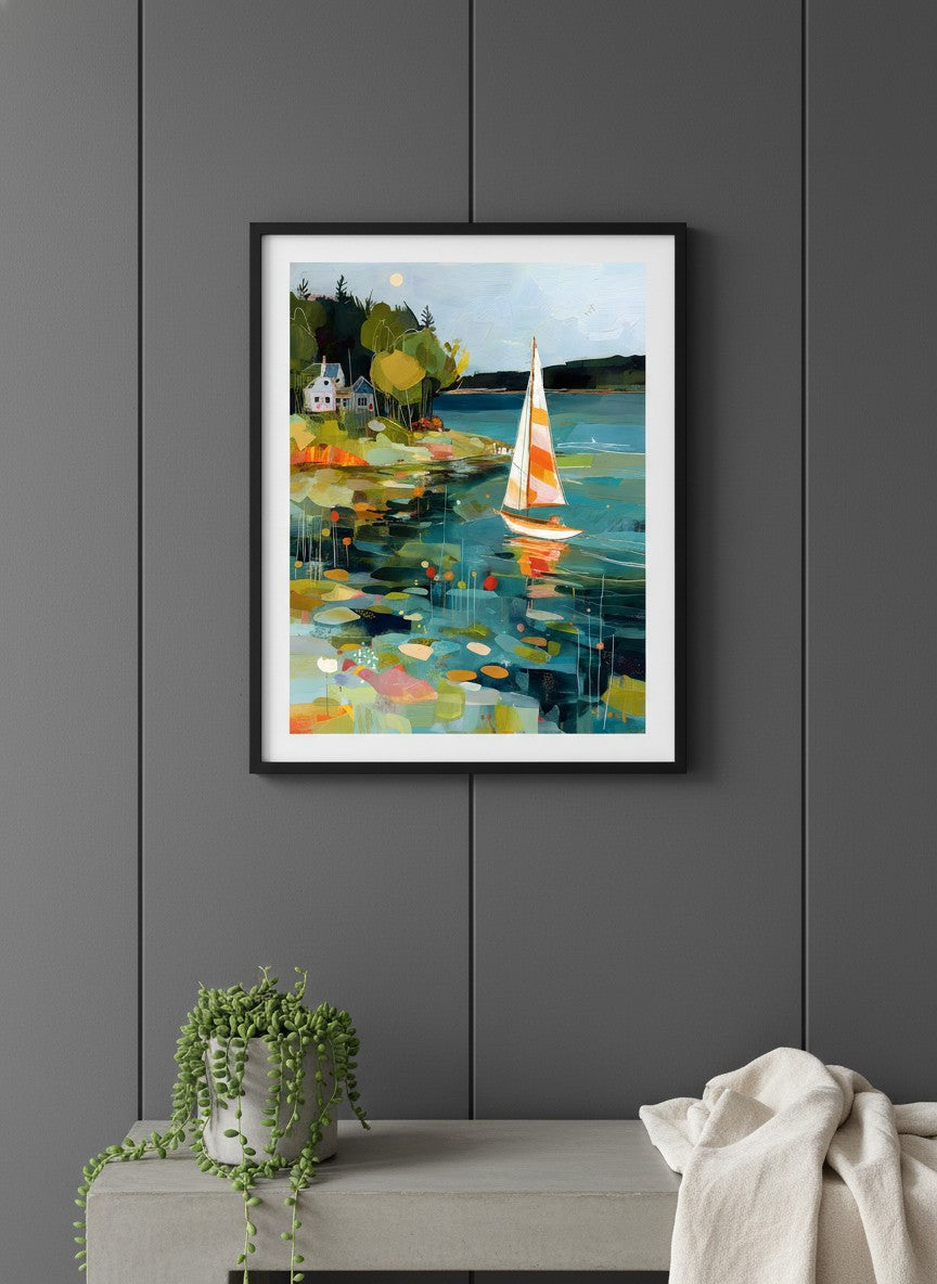 Abstract Sailboat Coastal Painting art print shown in a charcoal minimal black setting
