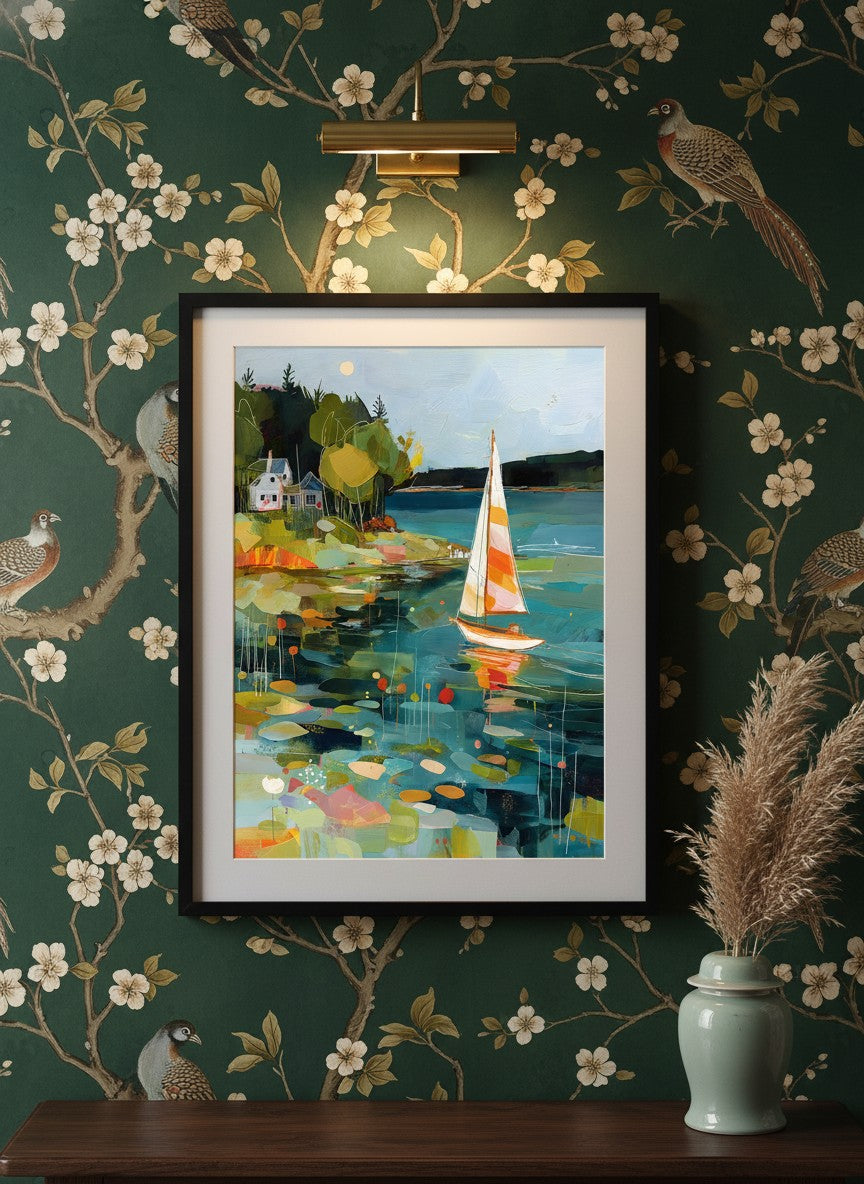 Abstract Sailboat Coastal Painting art print shown in a chinoiserie moody setting