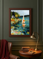 Abstract Sailboat Coastal Painting art print shown in a dark olive study setting