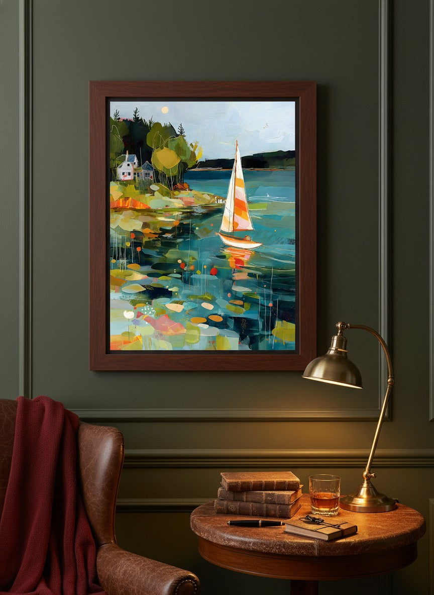 Abstract Sailboat Coastal Painting art print shown in a dark olive study setting