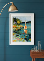 Abstract Sailboat Coastal Painting art print shown in a deep teal modern setting