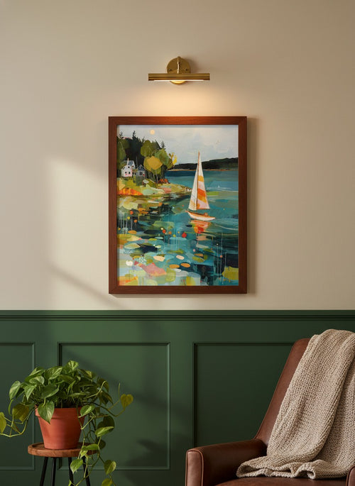 Abstract Sailboat Coastal Painting art print shown in a forest green walnut setting