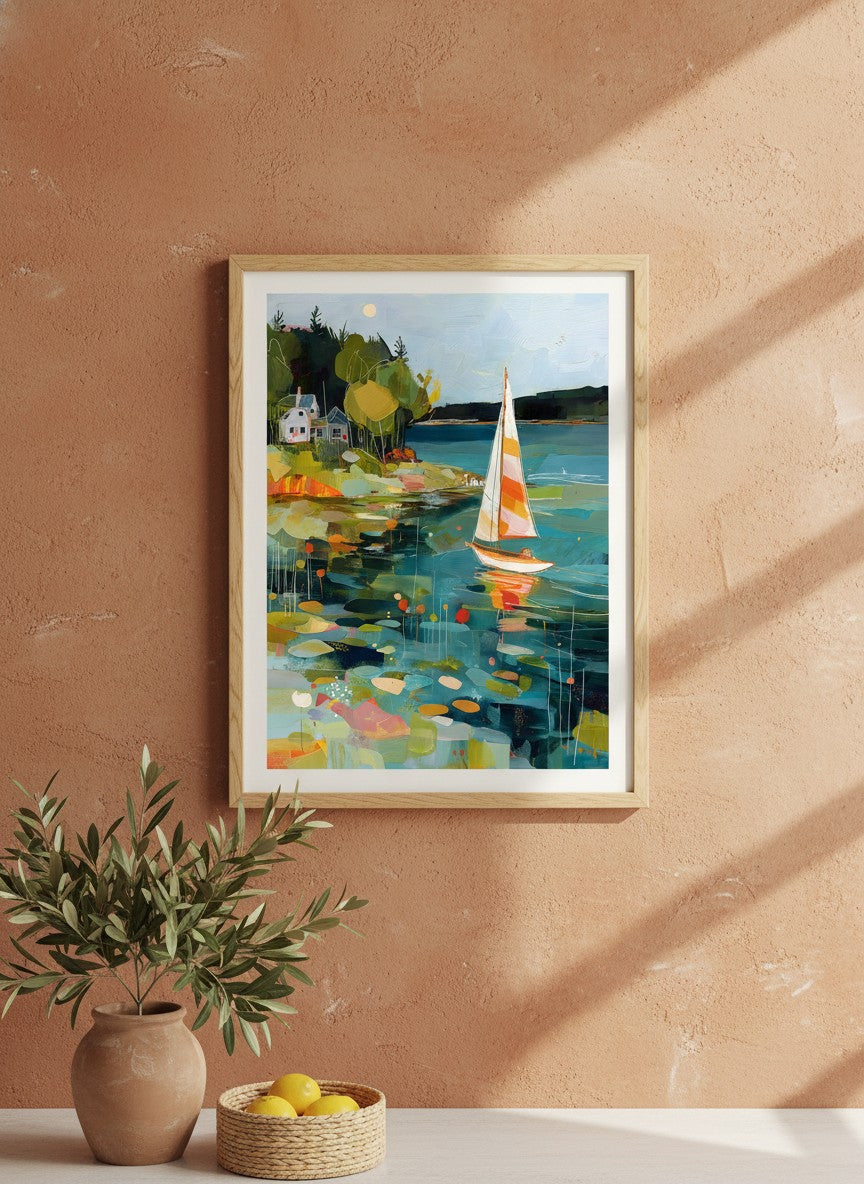 Abstract Sailboat Coastal Painting art print shown in a terracotta rustic setting