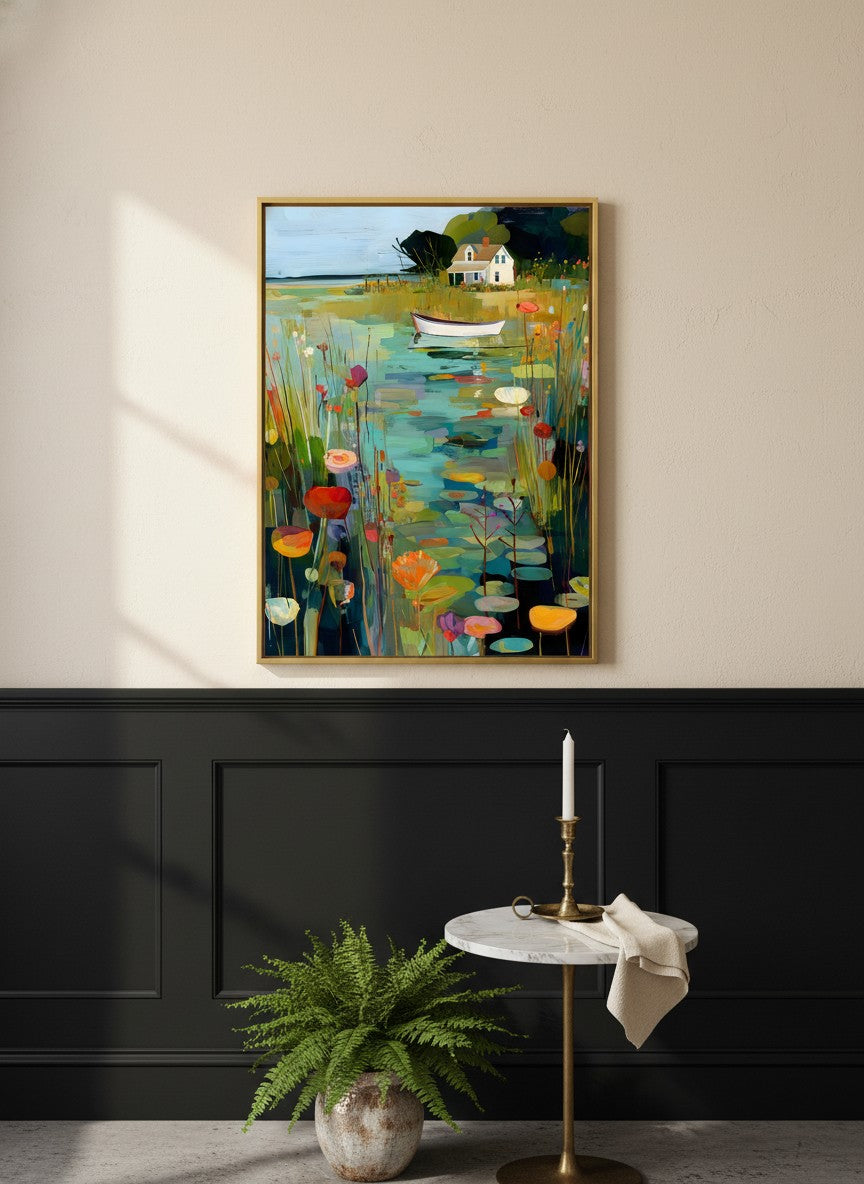 Coastal Cottage Lily Pond Art art print shown in a black wainscoting gold setting